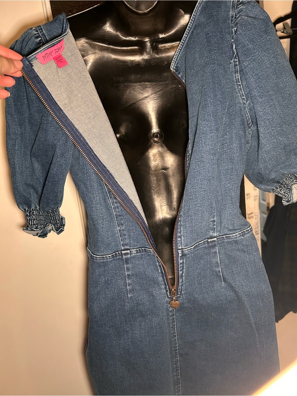 Betsey Johnson Denim Square-Neck Puff Sleeve Dress - Blue - Picture 8 of 9
